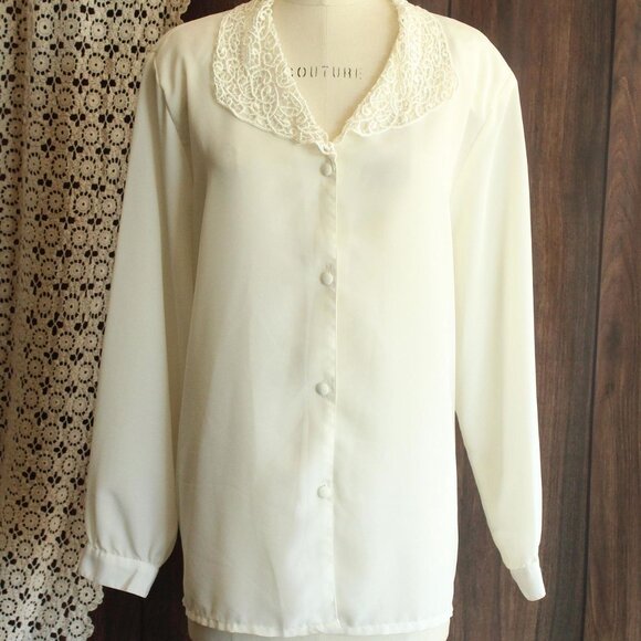Vintage 1980s 1990s Blouse, Volup Impressions White Button Down Shirt with Lace - Picture 2 of 10